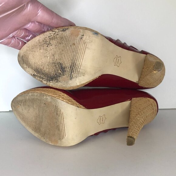 STEVE MADDEN Heels Women's Size US9 Red Tan Richh Leather Peep Toe Shoes - Picture 6 of 11